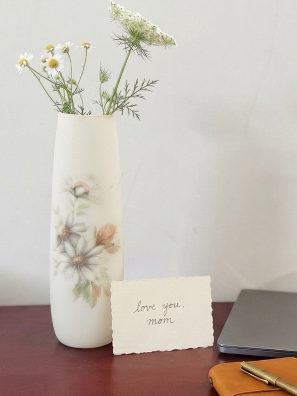 vintage Opalescent Satin Frosted Glass hand-painted Flower Roses Bud Vase